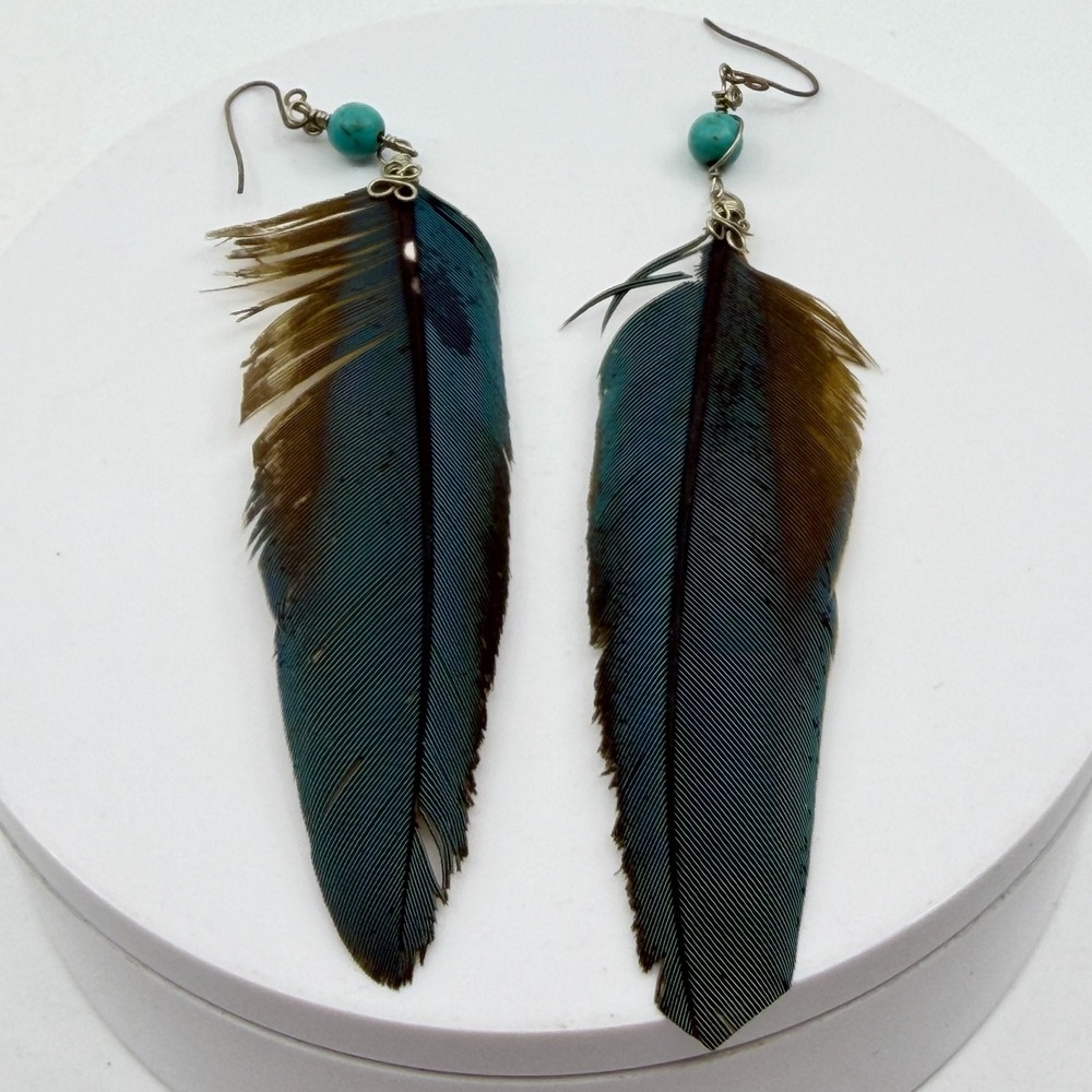 Teal Brown Natural Feather Blue Bead Long Dangle Earrings Boho Festival Gift
